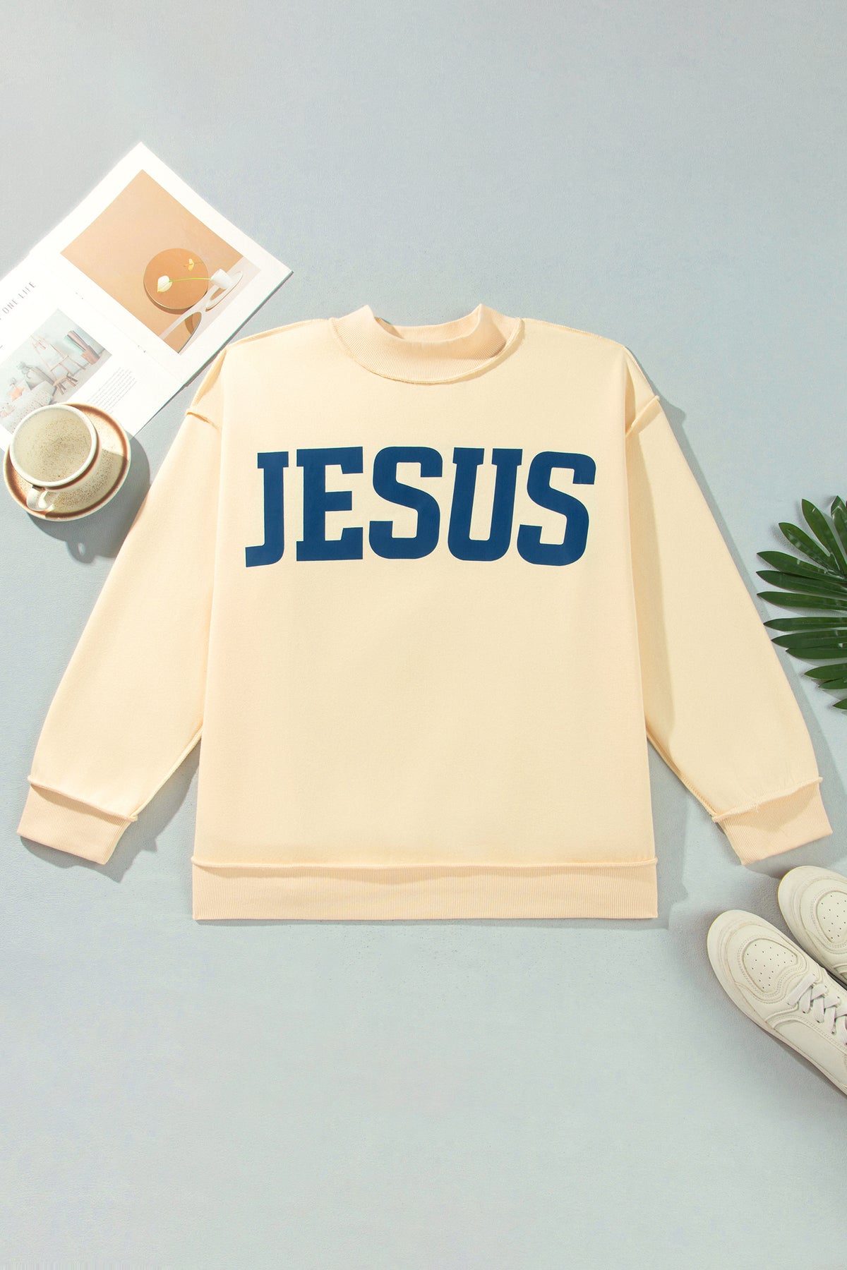 Yellow Jesus Slogan Stand Neck Long Sleeve Oversized Tunic Plus Size Sweatshirt