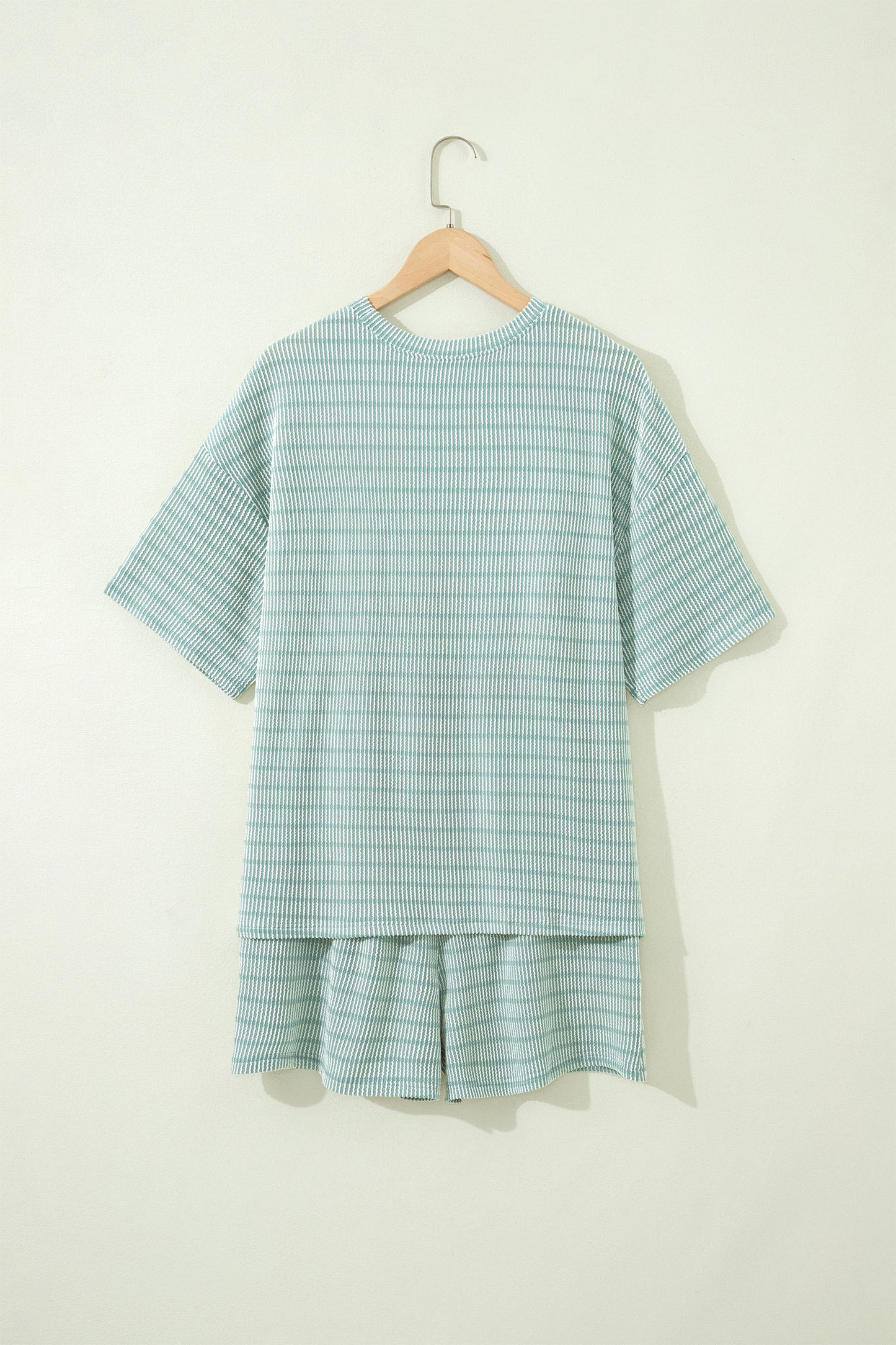 Rose Stripe Raised Rib Loose Tee Drawstring Elastic Waist 2pcs Short Set-Two Piece Sets/Short Sets-[Adult]-[Female]-2022 Online Blue Zone Planet
