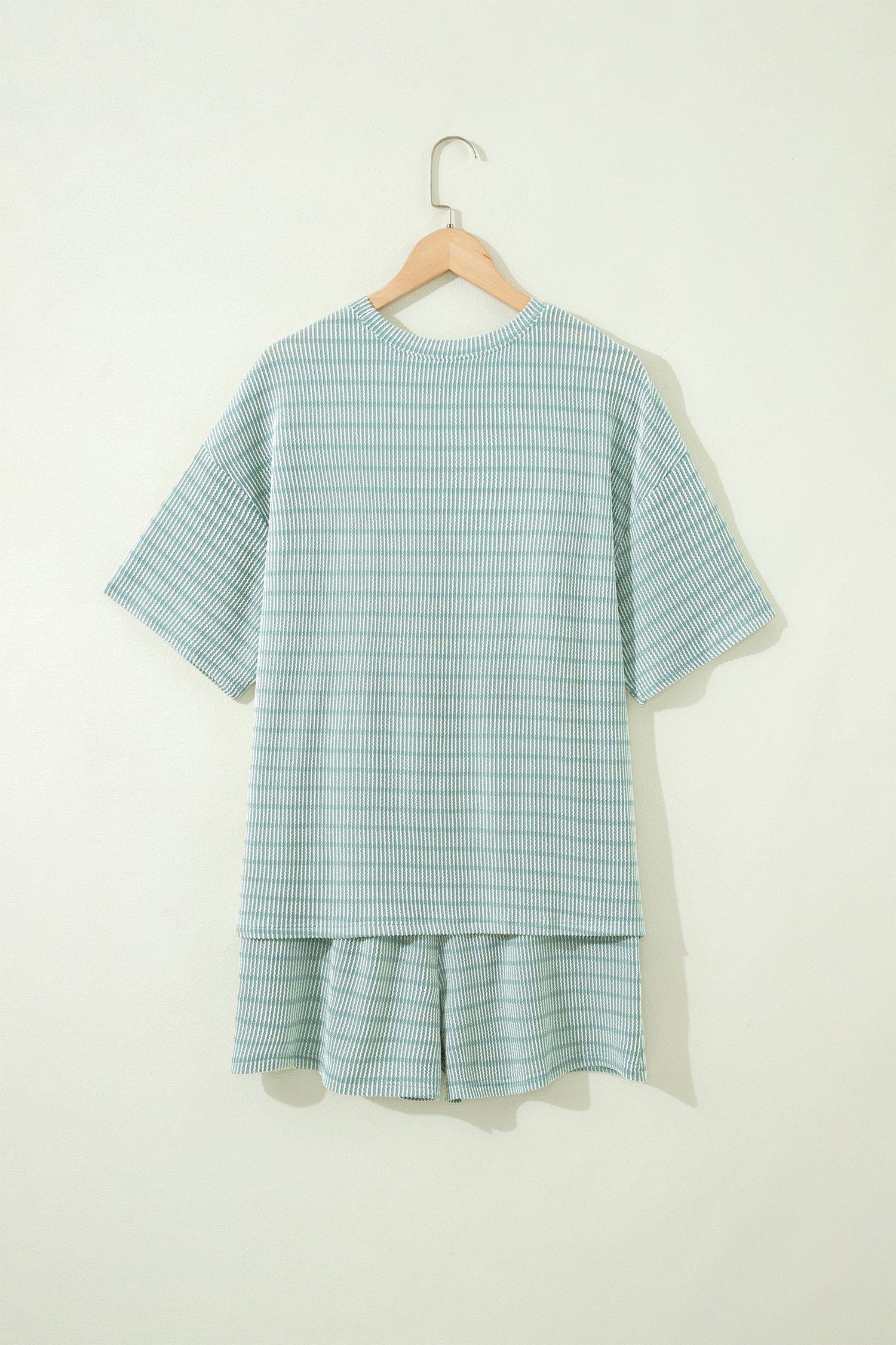 Rose Stripe Raised Rib Loose Tee Drawstring Elastic Waist 2pcs Short Set-Two Piece Sets/Short Sets-[Adult]-[Female]-2022 Online Blue Zone Planet