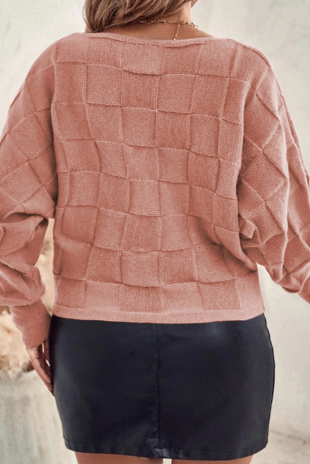 Light French Beige Solid Checkered Textured Knit Plus Size Sweater-Plus Size/Plus Size Sweaters & Cardigans-[Adult]-[Female]-2022 Online Blue Zone Planet