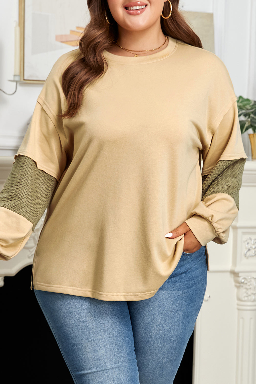 Laurel Green Exposed Seam Contrast Texture Patchwork Plus Size Drop Shoulder Pullover-Plus Size/Plus Size Tops/Plus Size Long Sleeve Tops-[Adult]-[Female]-2022 Online Blue Zone Planet