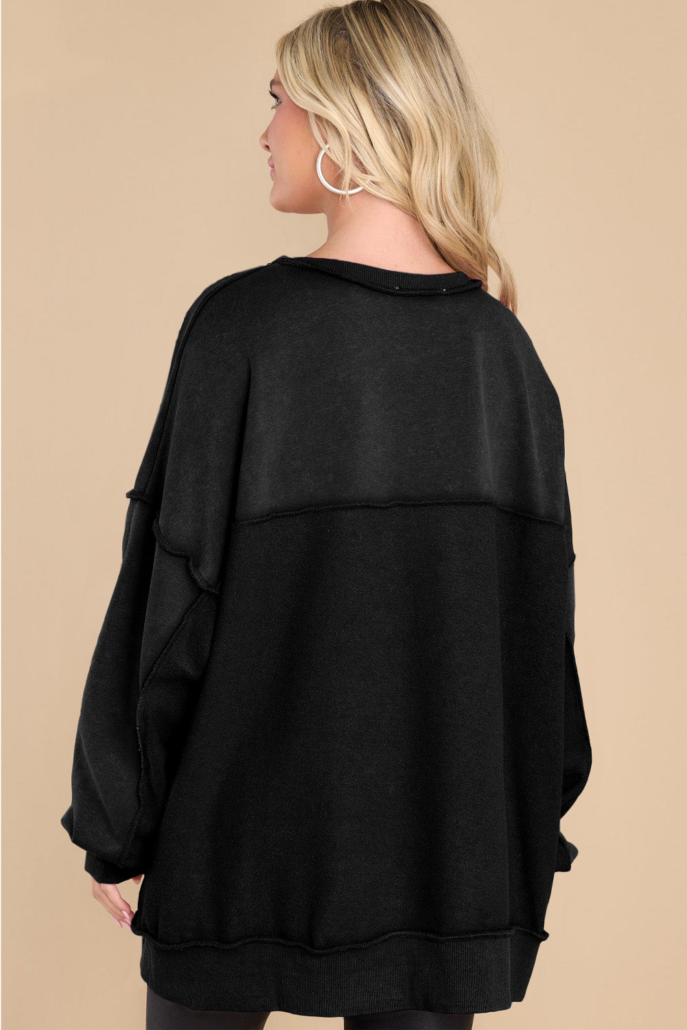 Black Oversized Exposed Seam Henley Sweatshirt-Tops/Sweatshirts & Hoodies-[Adult]-[Female]-2022 Online Blue Zone Planet