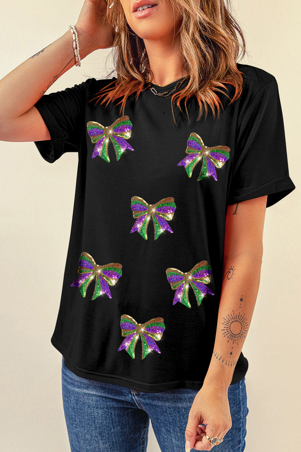 Black Sequin Mardi Gras Bow Graphic Crewneck Tee-Graphic Tees-[Adult]-[Female]-2022 Online Blue Zone Planet