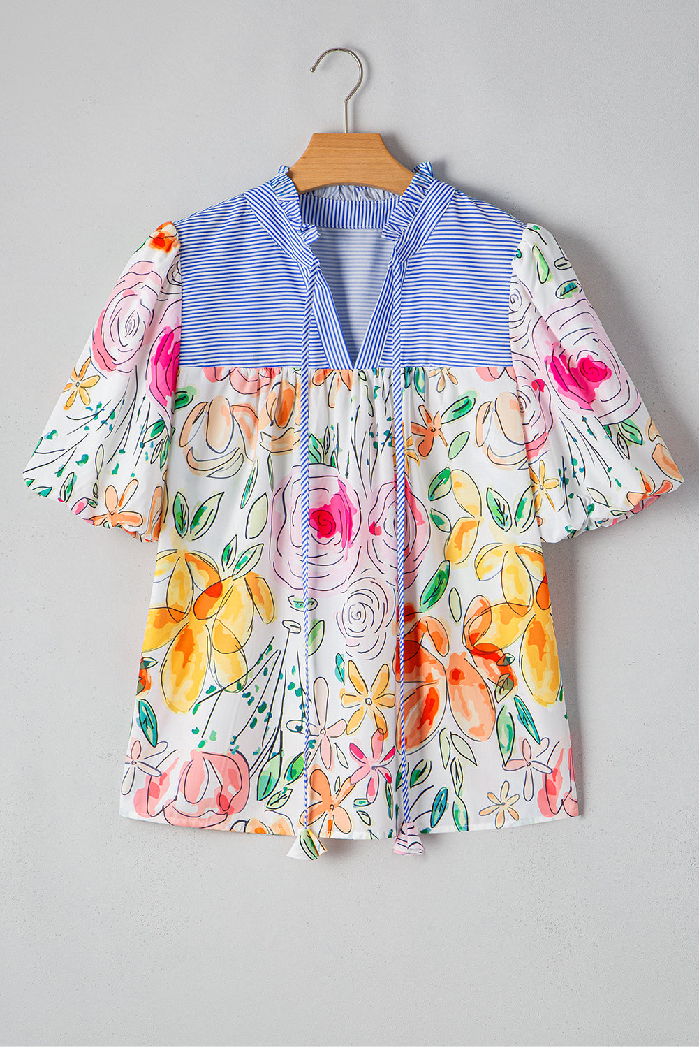 Multicolour Floral Print Striped Frill V Neck Puff Sleeve Blouse-Blouses-[Adult]-[Female]-2022 Online Blue Zone Planet