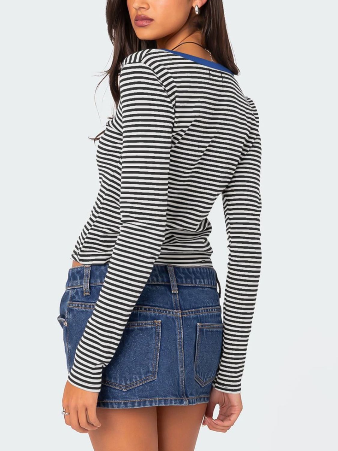 Buttoned Striped Long Sleeve T-Shirt-TOPS / DRESSES-[Adult]-[Female]-2022 Online Blue Zone Planet