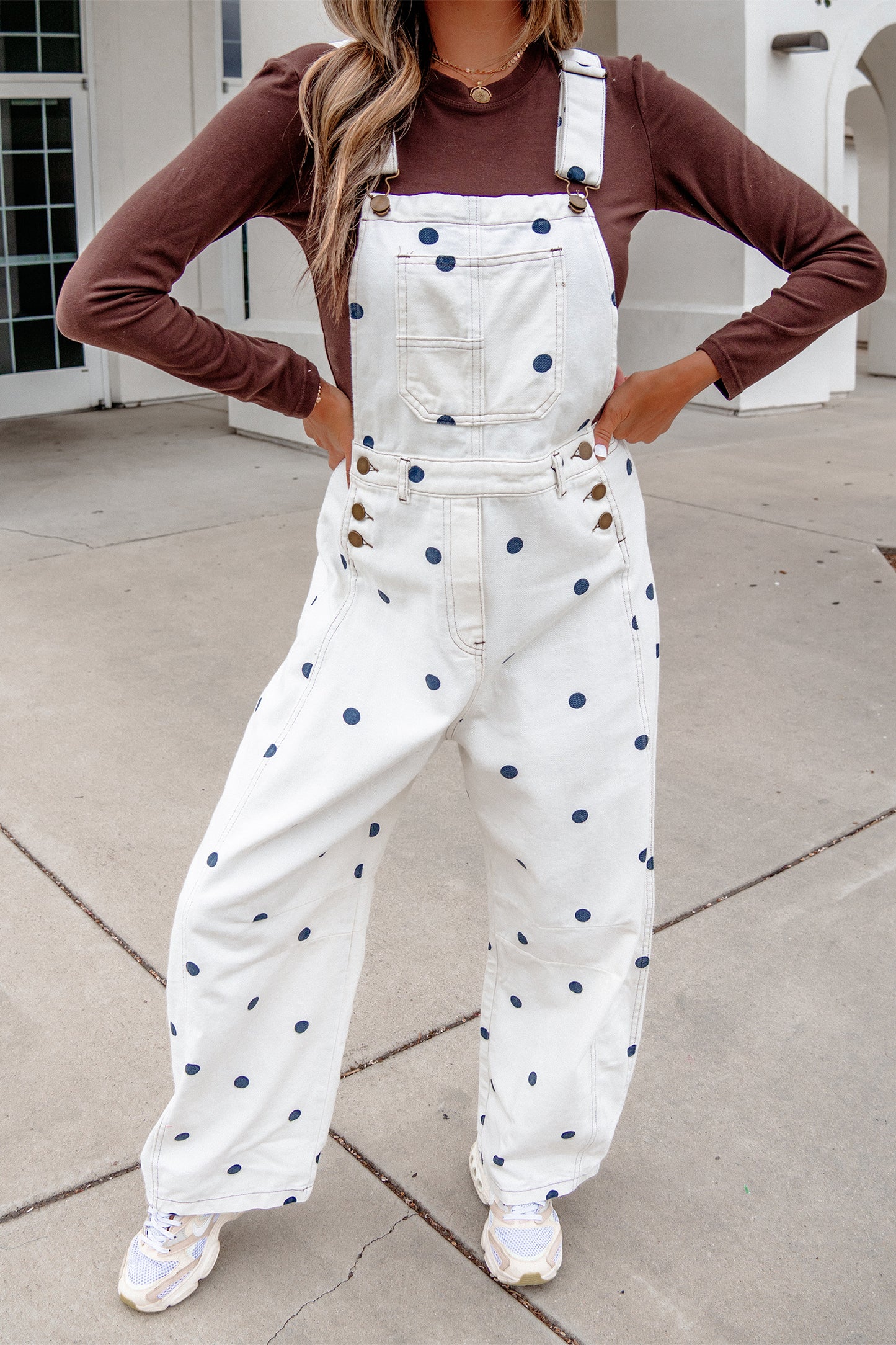 Jet Stream Polka Dot Print Bib Pocket Denim Barrel Overalls Jumpsuit-Bottoms/Jumpsuits & Rompers-[Adult]-[Female]-2022 Online Blue Zone Planet