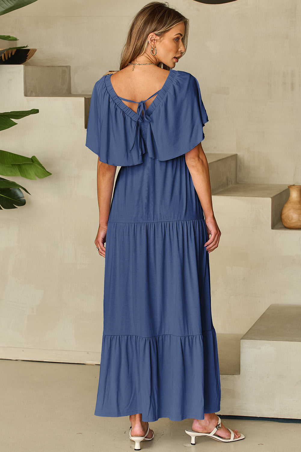 Navy Blue Textured V Neck Flutter Sleeve Ruffled Maxi Dress-TOPS / DRESSES-[Adult]-[Female]-2022 Online Blue Zone Planet