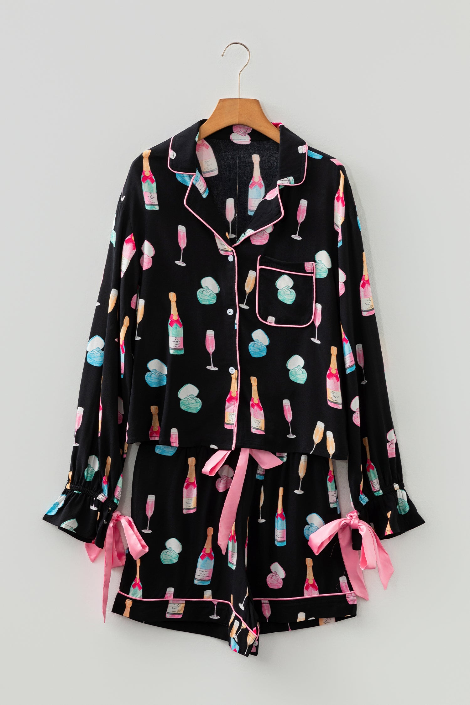 Color black Christmas Wine Glass Print Bow Knot Two Piece Pajama Set-Sleepwear-[Adult]-[Female]-2022 Online Blue Zone Planet