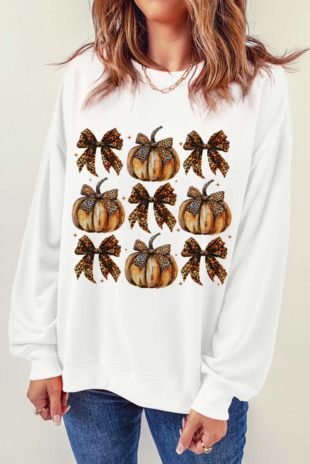 Pumpkin & Bow Graphic Long Sleeve Sweatshirt-TOPS / DRESSES-[Adult]-[Female]-White-S-2022 Online Blue Zone Planet