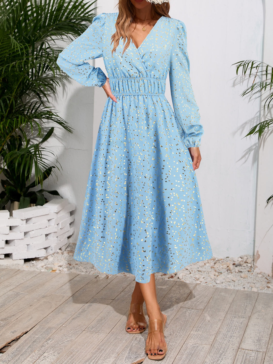 Printed Surplice Long Sleeve Midi Dress-TOPS / DRESSES-[Adult]-[Female]-Light Blue-S-2022 Online Blue Zone Planet