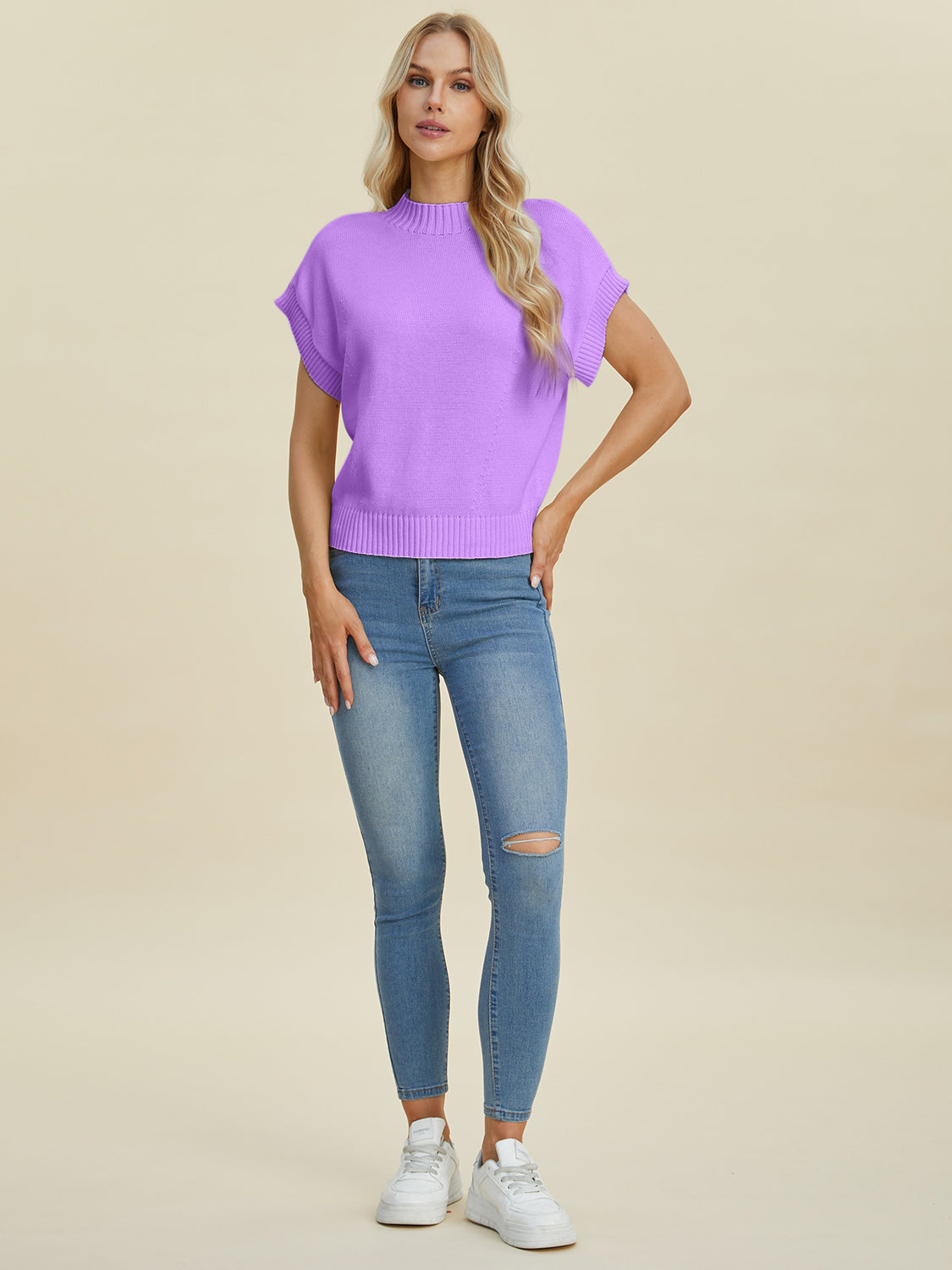 Double Take Full Size Mock Neck Short Sleeve Sweater-TOPS / DRESSES-[Adult]-[Female]-2022 Online Blue Zone Planet