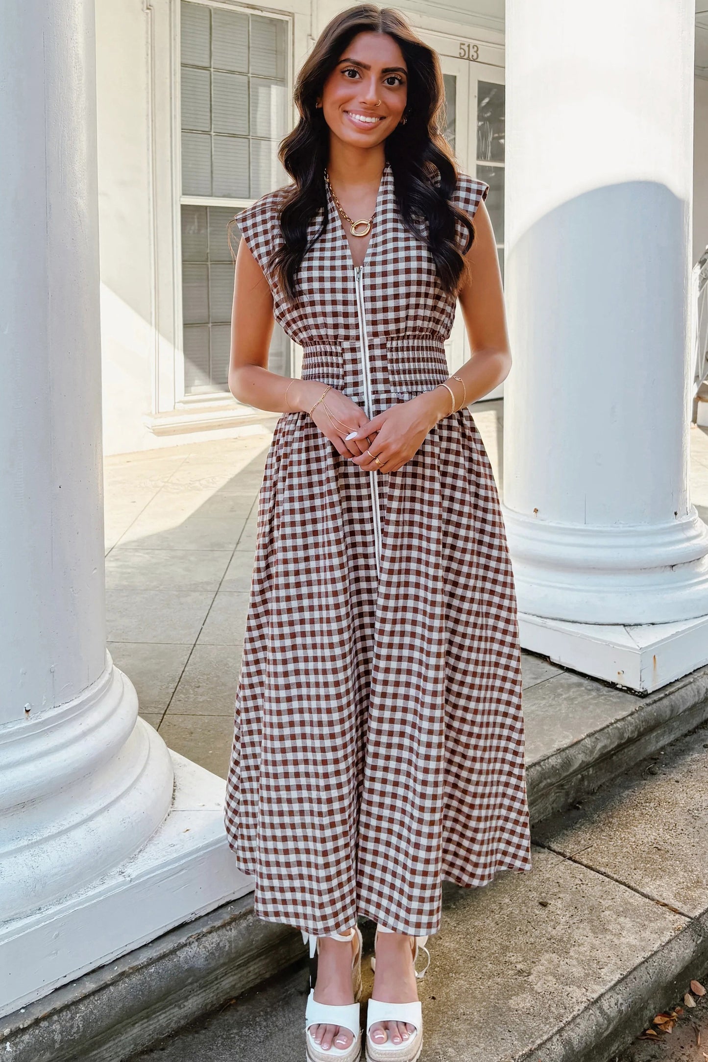 Coffee Plaid Print Full Zipper Cinched Waist Fit Flare Sleeveless Maxi Dress-Dresses/Maxi Dresses-[Adult]-[Female]-2022 Online Blue Zone Planet