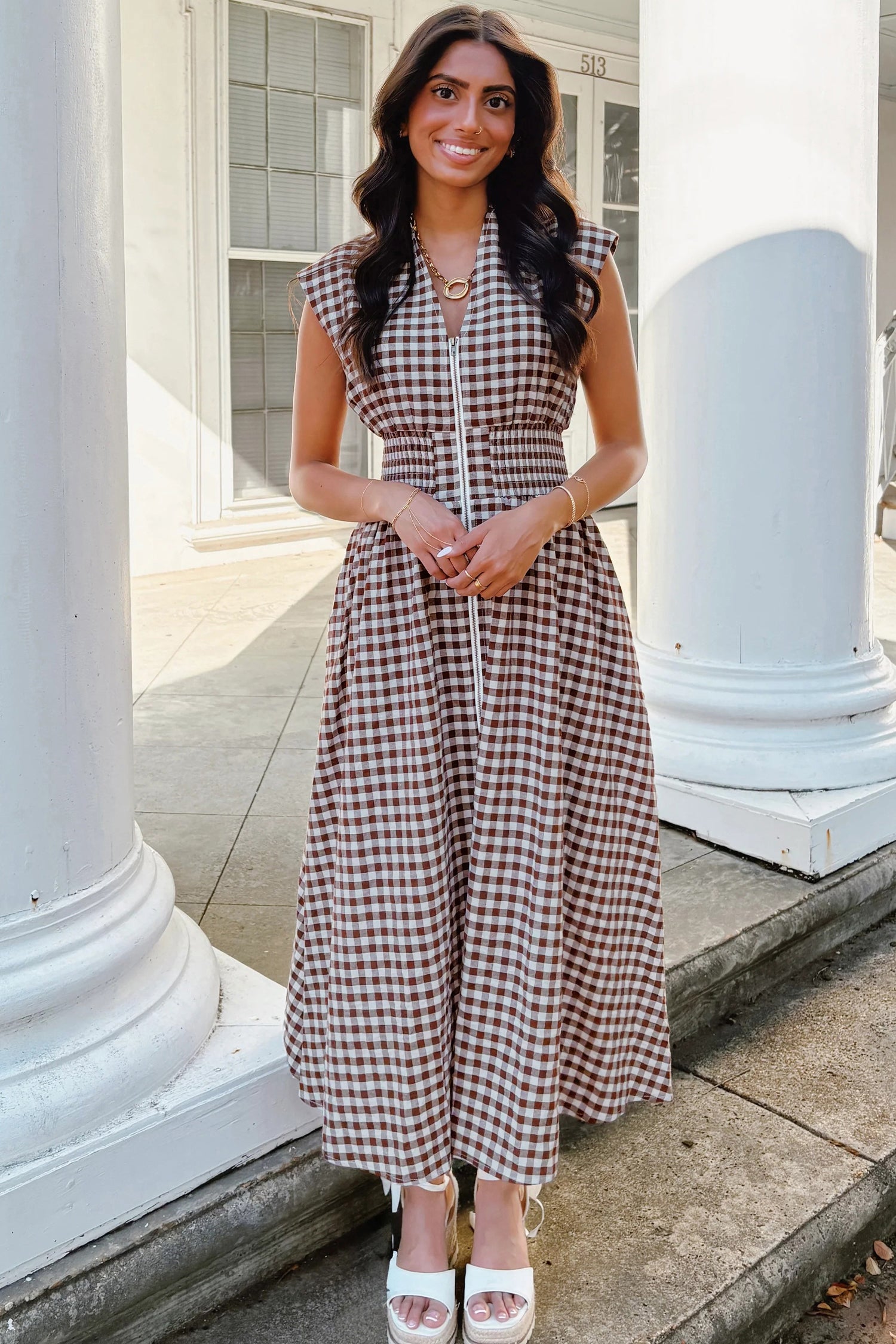 Coffee Plaid Print Full Zipper Cinched Waist Fit Flare Sleeveless Maxi Dress-Dresses/Maxi Dresses-[Adult]-[Female]-2022 Online Blue Zone Planet