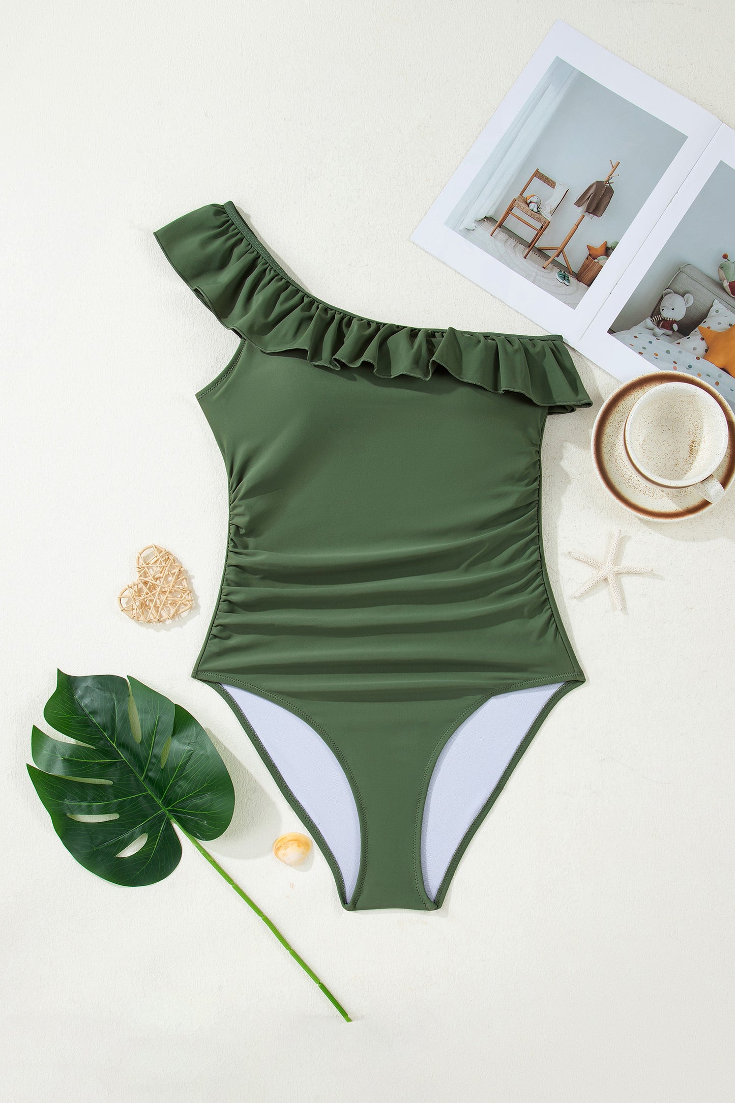 Color Black Solid Color Ruffle Trim Asymmetric Neck One Piece Swimsuit-One Piece Swimsuit-[Adult]-[Female]-2022 Online Blue Zone Planet
