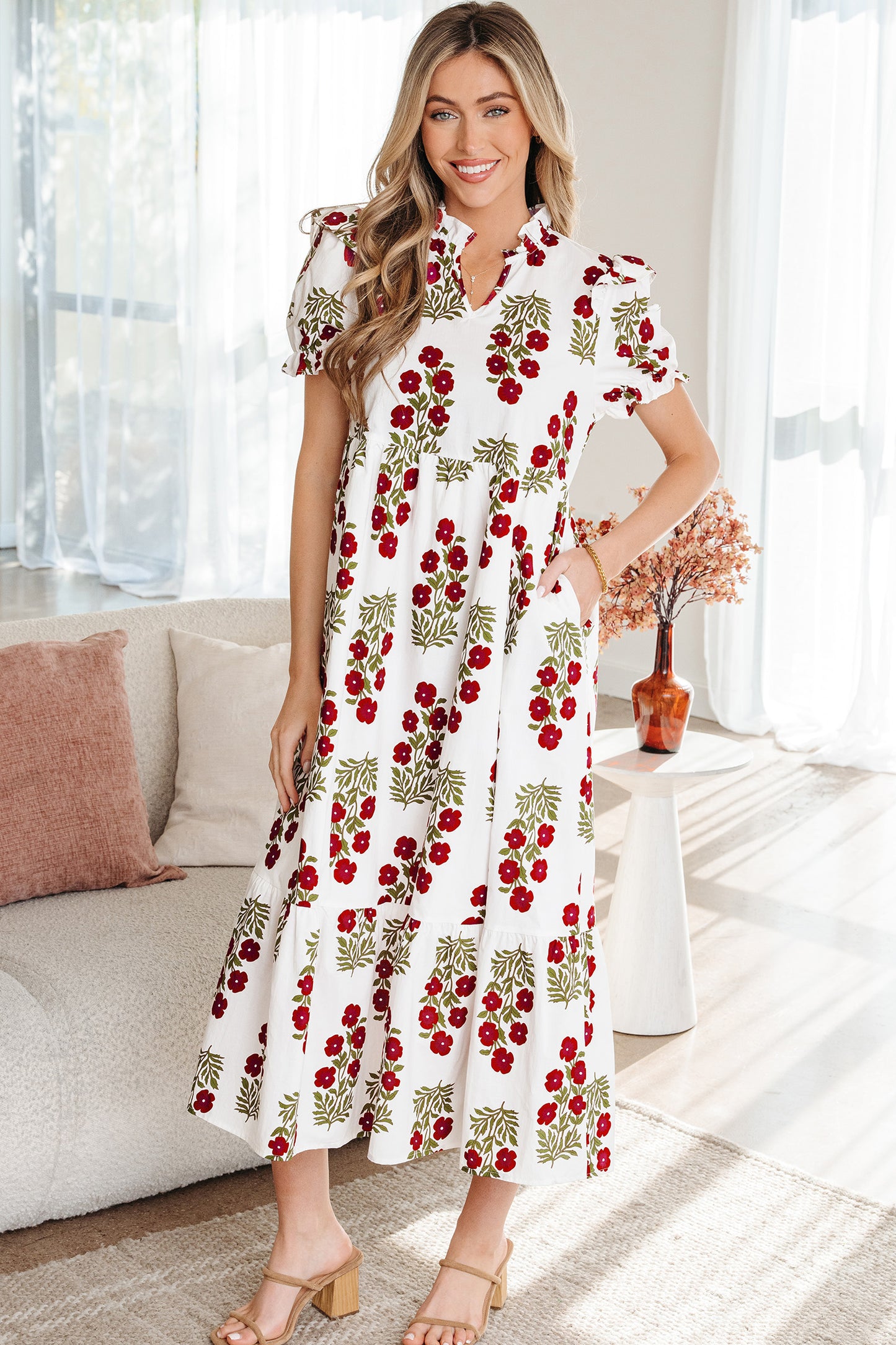 Beige Floral Short Bubble Sleeve Tiered Maxi Dress-TOPS / DRESSES-[Adult]-[Female]-2022 Online Blue Zone Planet