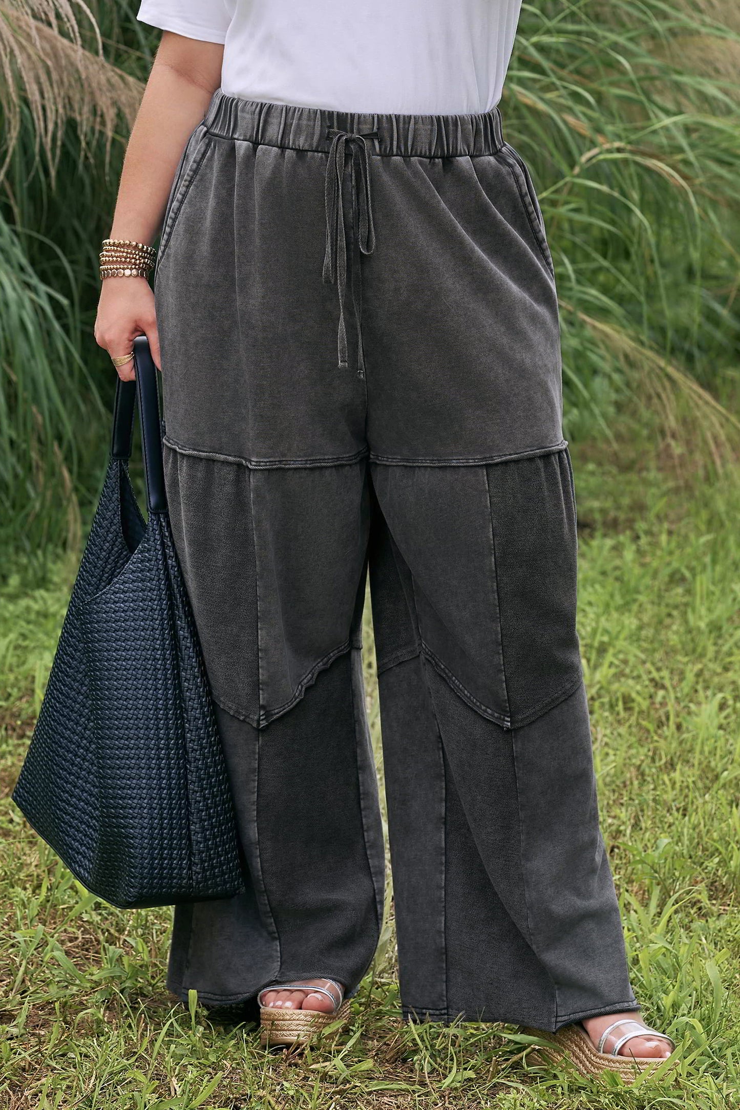 Black Plus Size Mineral Wash Exposed Seam Patchwork Drawstring Loose Pants-Plus Size/Plus Size Bottoms-[Adult]-[Female]-Black-1X-2022 Online Blue Zone Planet
