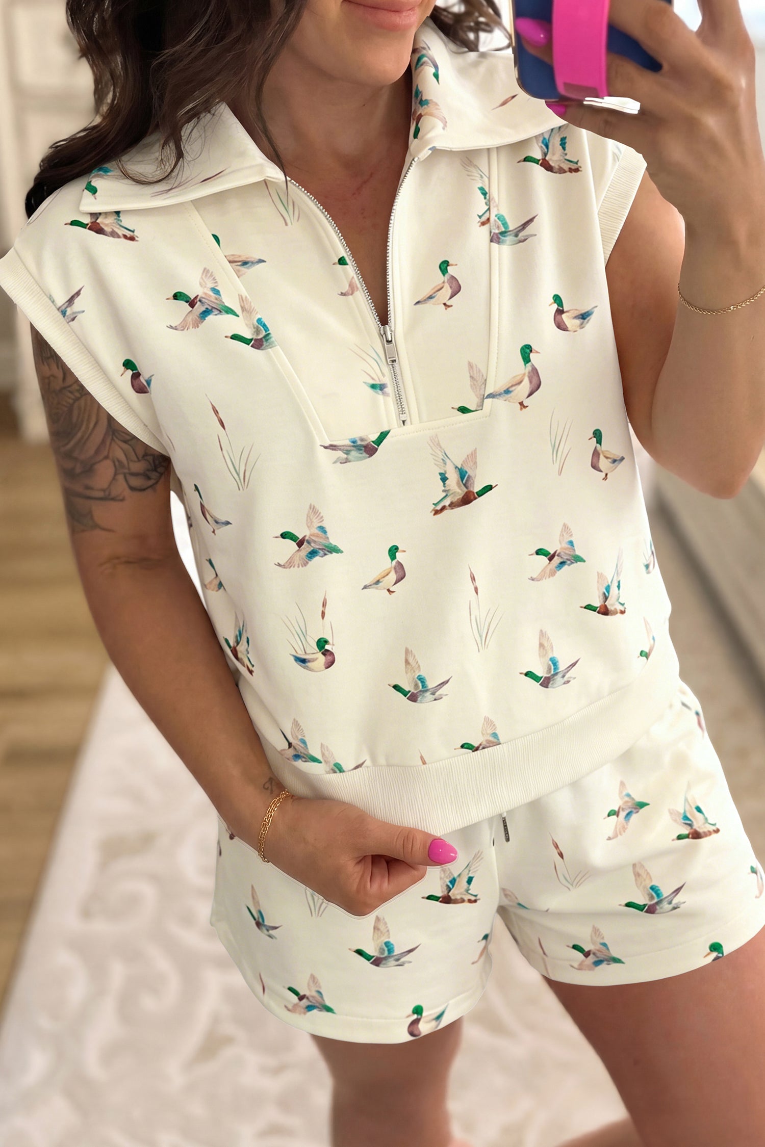 Beige Mallard Printed Zip Polo Tee Drawstring Short Set-Two Piece Sets/Short Sets-[Adult]-[Female]-2022 Online Blue Zone Planet
