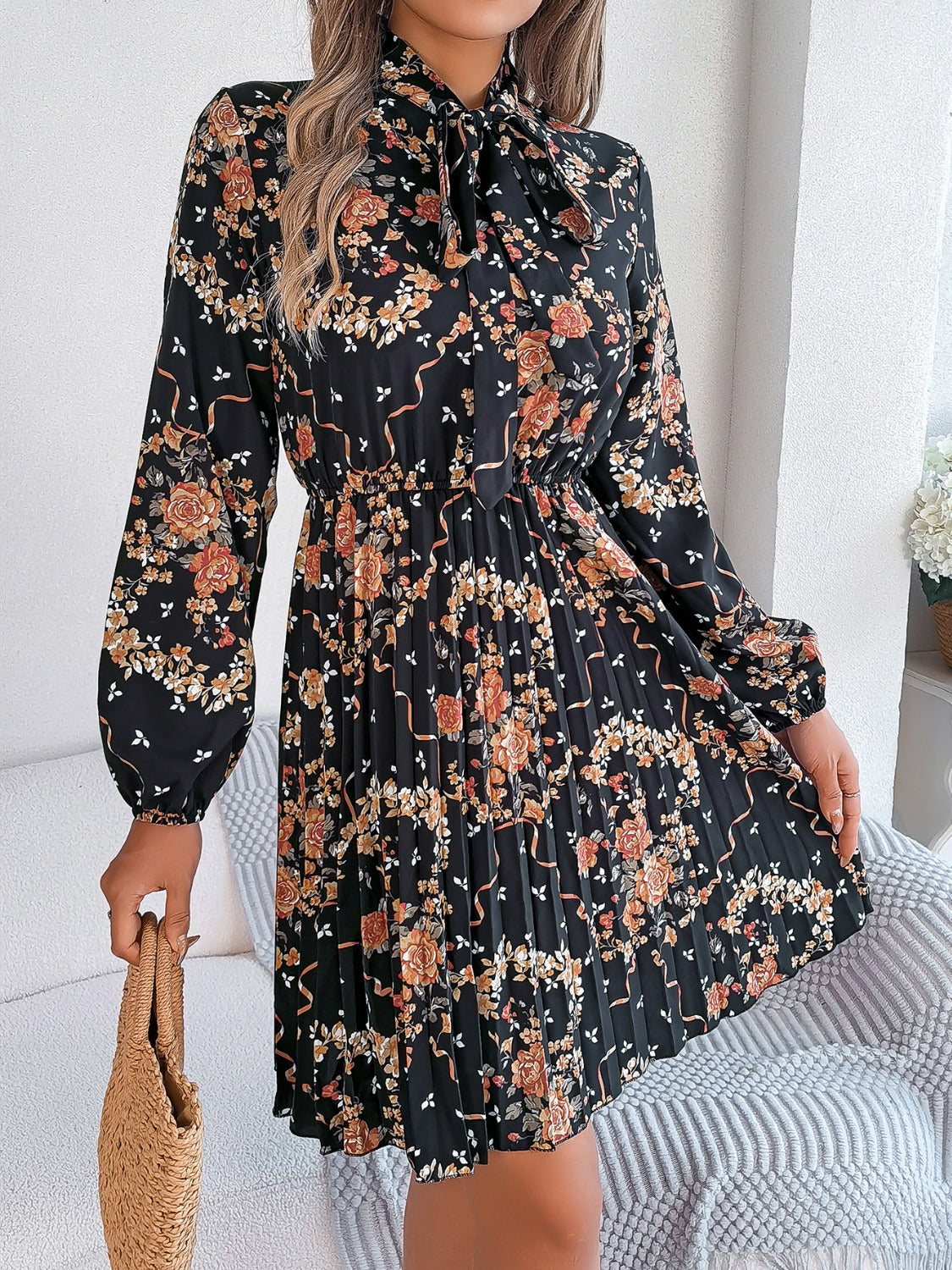 Pleated Printed Tie Neck Long Sleeve Dress-TOPS / DRESSES-[Adult]-[Female]-2022 Online Blue Zone Planet