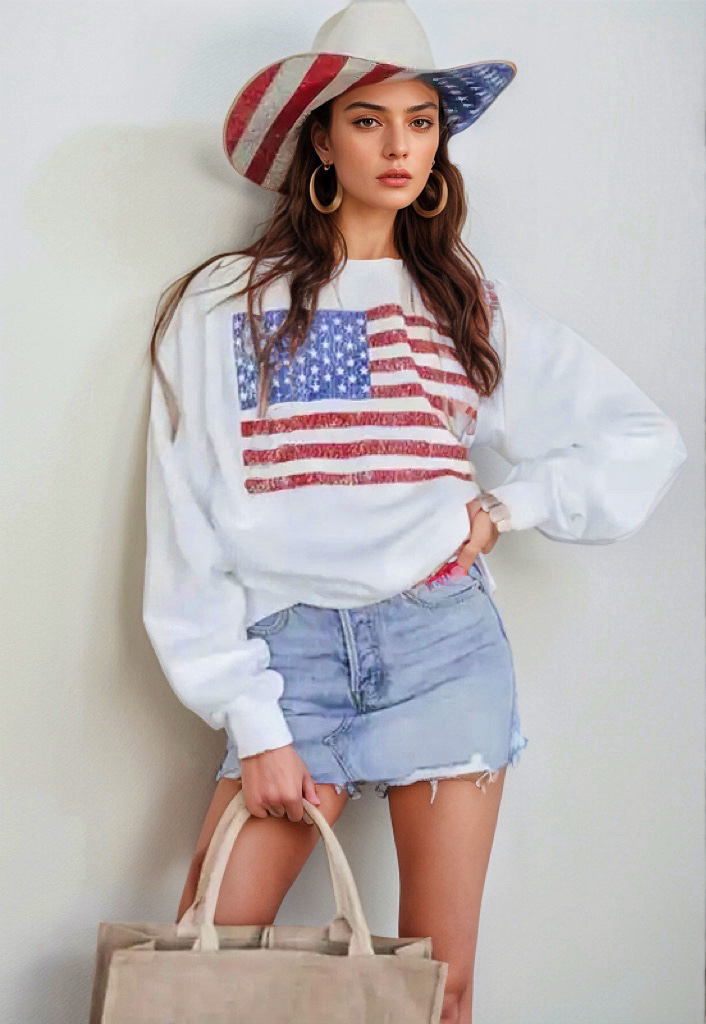 US Flag Round Neck Long Sleeve Sweatshirt-TOPS / DRESSES-[Adult]-[Female]-2022 Online Blue Zone Planet