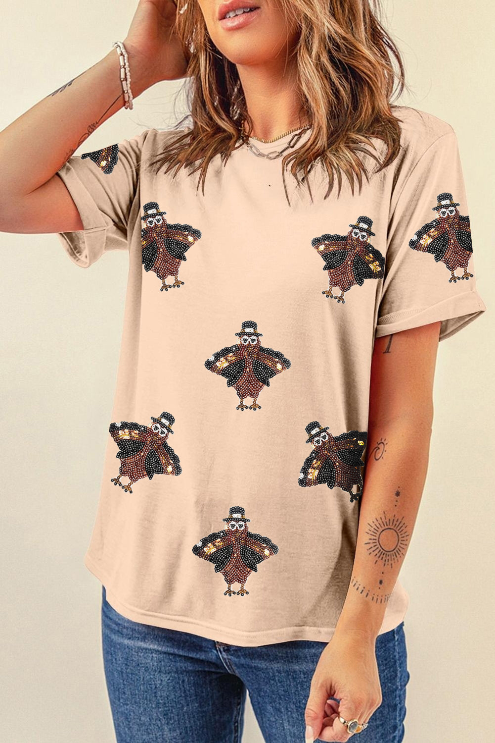 Khaki Sequined Turkey Patched Pattern Crewneck Thanksgiving T Shirt-Graphic/Graphic Tees-[Adult]-[Female]-2022 Online Blue Zone Planet