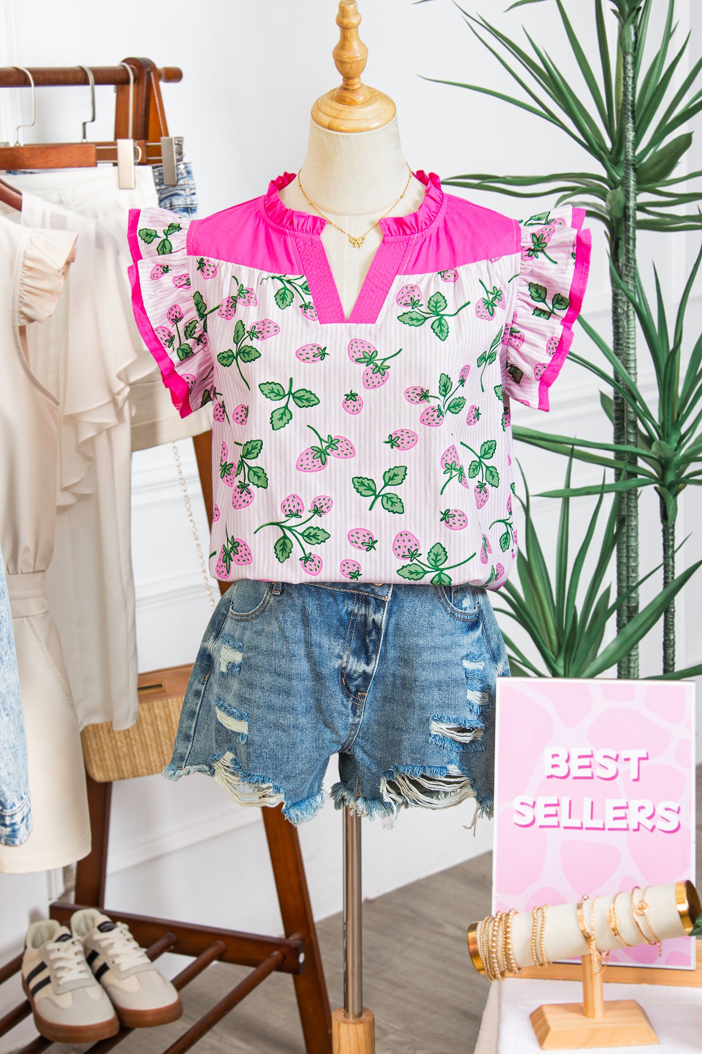 Pink Striped Strawberry Printed Color Block Patchwork V Neck Flutter Sleeve Blouse-Tops/Blouses & Shirts-[Adult]-[Female]-2022 Online Blue Zone Planet