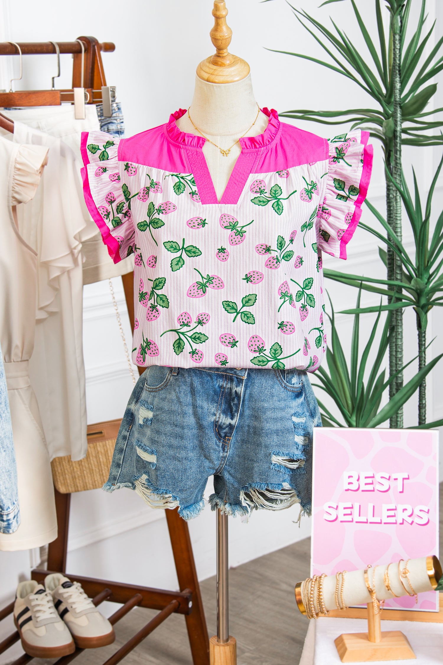 Pink Striped Strawberry Printed Color Block Patchwork V Neck Flutter Sleeve Blouse-Tops/Blouses & Shirts-[Adult]-[Female]-2022 Online Blue Zone Planet