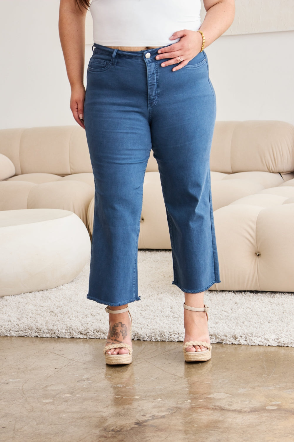 RFM Crop Chloe Full Size Tummy Control High Waist Raw Hem Jeans-BOTTOM SIZES SMALL MEDIUM LARGE-[Adult]-[Female]-2022 Online Blue Zone Planet