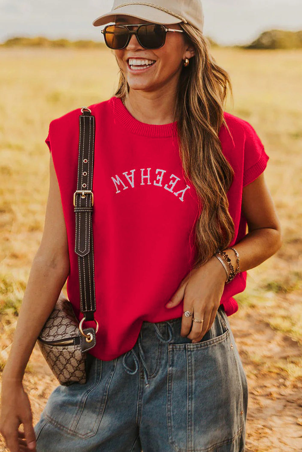 Fiery Red YEEHAW Embroidered Letter Loose Short Sleeve Sweater-Sweaters & Cardigans/Short Sleeve Sweaters-[Adult]-[Female]-2022 Online Blue Zone Planet
