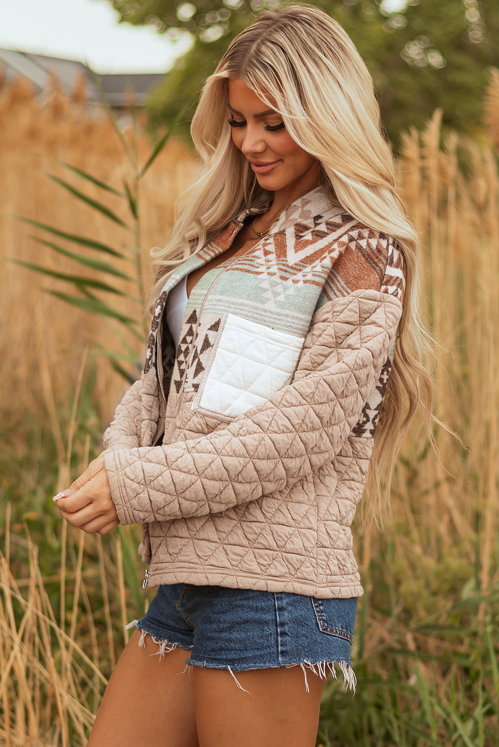 Light French Beige Aztec Quilted Patchwork Western Fashion Jacket-Outerwear/Jackets-[Adult]-[Female]-2022 Online Blue Zone Planet