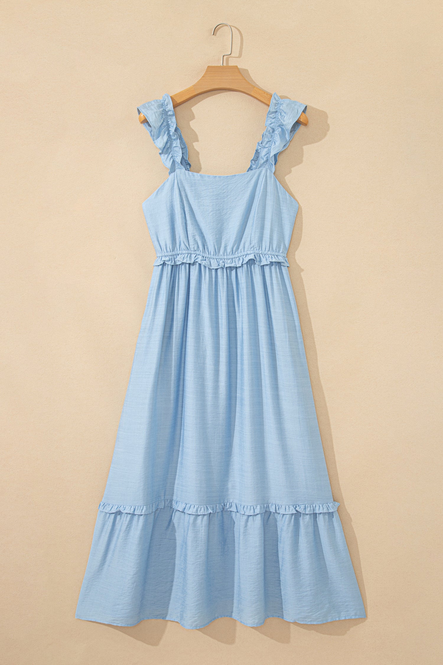 Beau Blue Solid Color Ruffle Trim High Waist Sleeveless Maxi Dress-TOPS / DRESSES-[Adult]-[Female]-2022 Online Blue Zone Planet