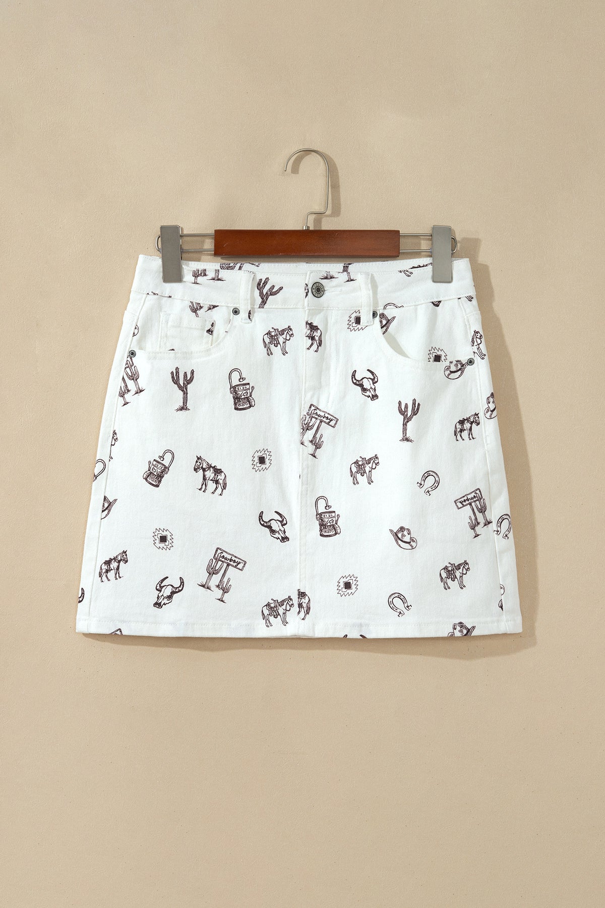 White Western Print Cactus Horse Bull Denim Skirt-Bottoms/Skirts & Petticoat-[Adult]-[Female]-2022 Online Blue Zone Planet