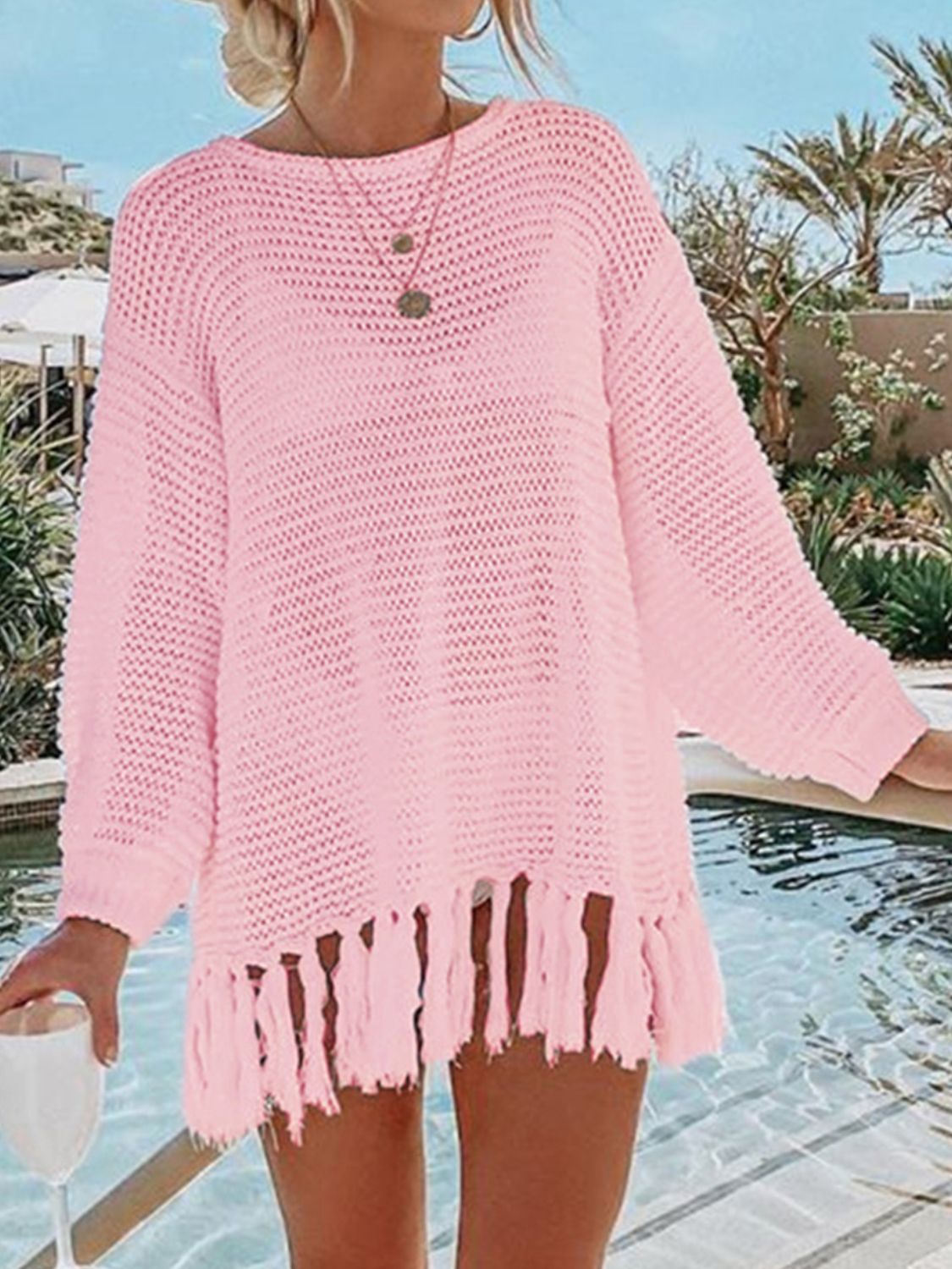 Blue Zone Planet | Angel Wings Openwork Tassel Hem Long Sleeve Knit Cover Up-TOPS / DRESSES-[Adult]-[Female]-Blush Pink-S-2022 Online Blue Zone Planet