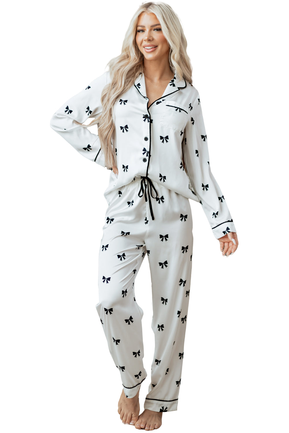White Bows Print Two Piece Sleepwear-Loungewear & Sleepwear/Sleepwear-[Adult]-[Female]-2022 Online Blue Zone Planet