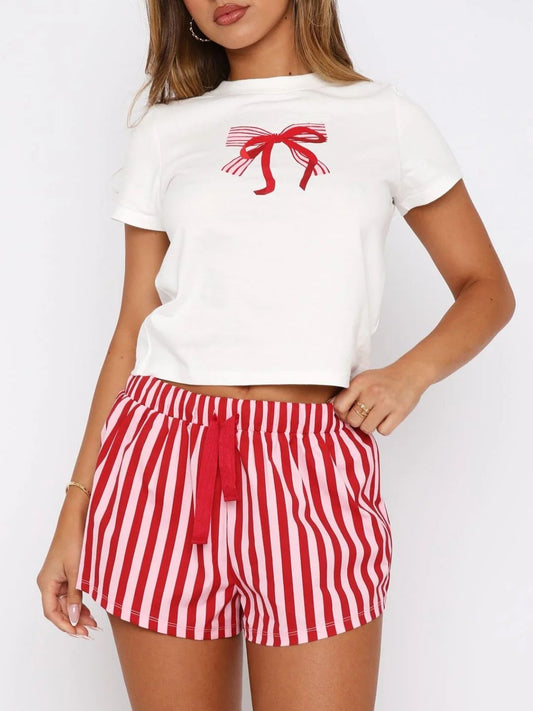 Printed Round Neck Short Sleeve Top and Drawstring Shorts Set-TOPS / DRESSES-[Adult]-[Female]-Deep Red-S-2022 Online Blue Zone Planet