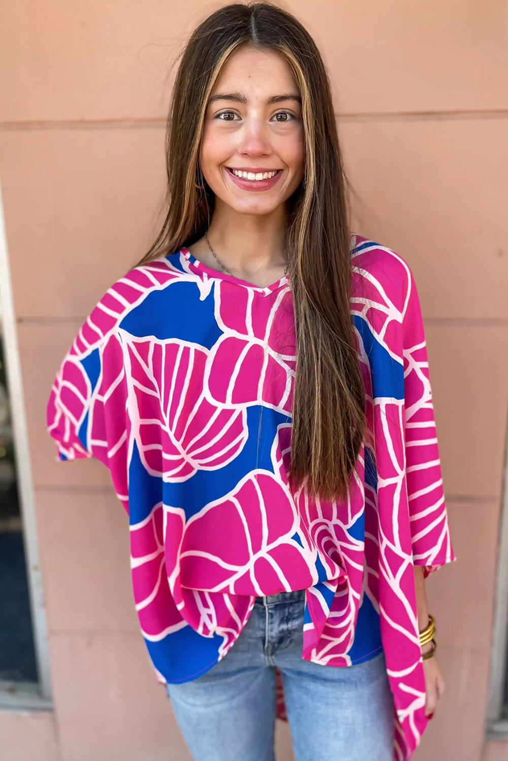 Blue Zone Planet |  Rose Red Floral Print 3/4 Sleeve V Neck Baggy Blouse Blue Zone Planet