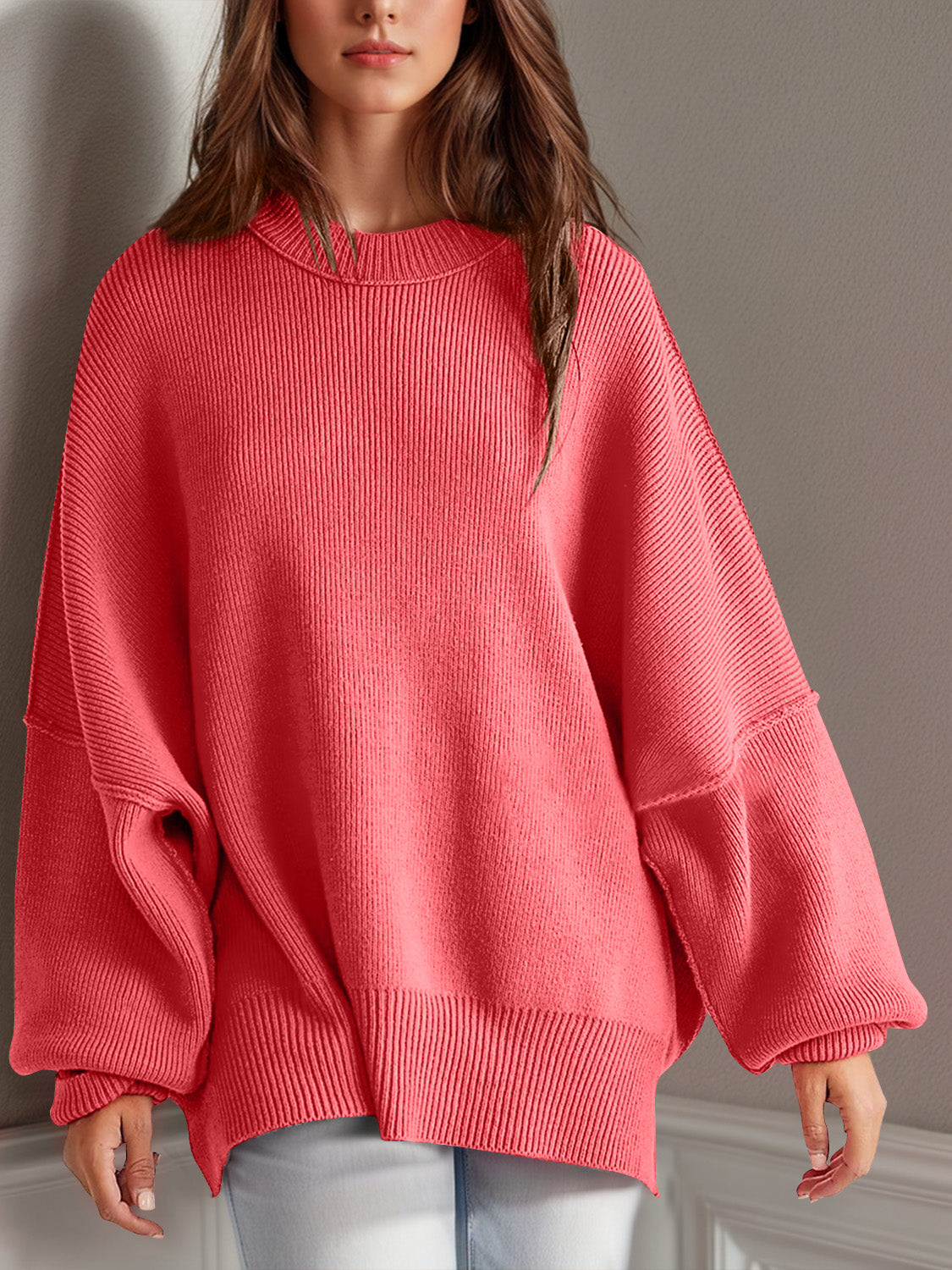 Blue Zone Planet | Double Take Side Slit Round Neck Long Sleeve Sweater-TOPS / DRESSES-[Adult]-[Female]-Strawberry-S-2022 Online Blue Zone Planet