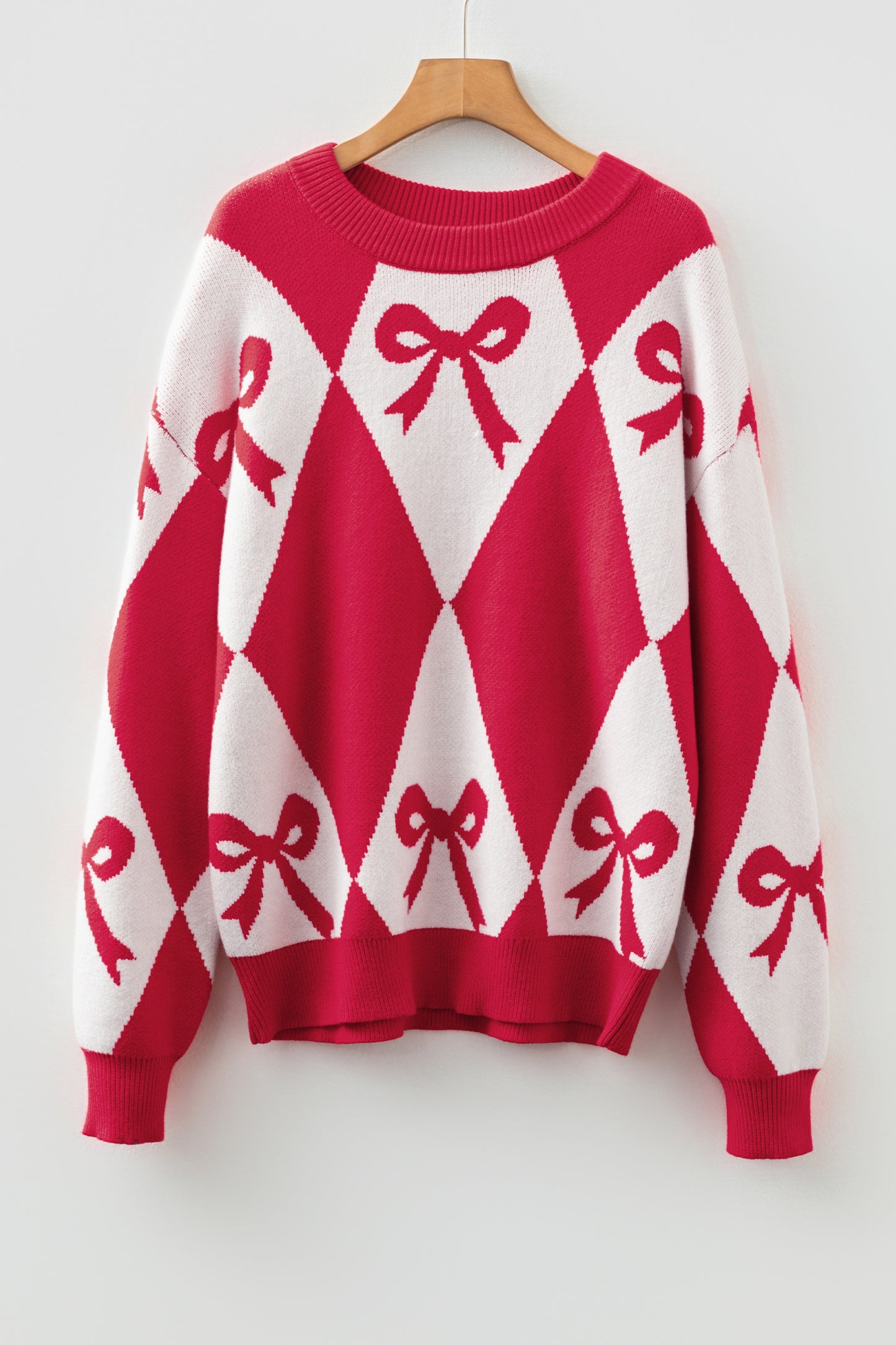 Red Bow Print 2-tone Rhombus Knit Loose Sweater-TOPS / DRESSES-[Adult]-[Female]-2022 Online Blue Zone Planet