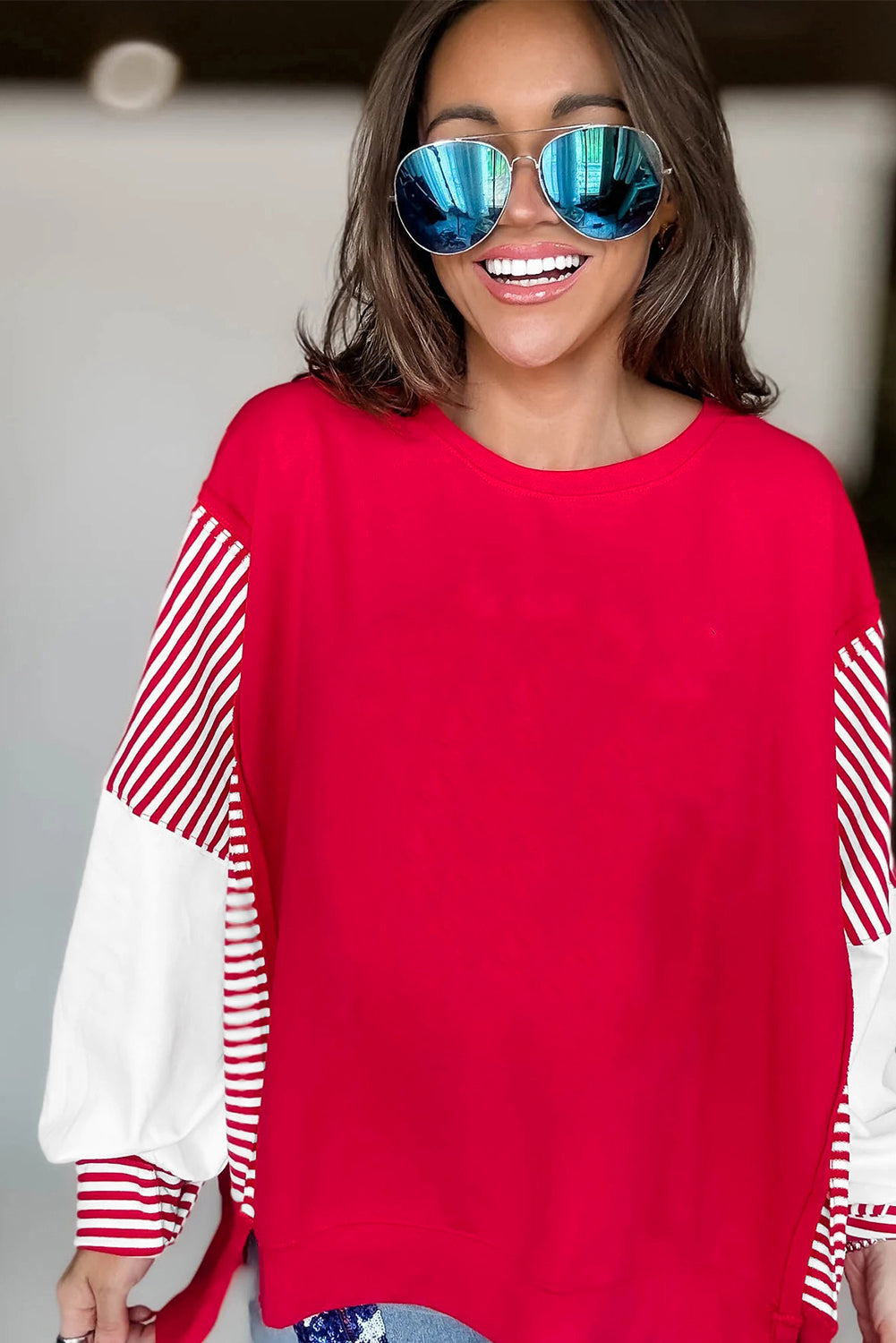 Fiery Red Striped Patchwork Sleeve Colorblock Sweatshirt-Tops/Sweatshirts & Hoodies-[Adult]-[Female]-2022 Online Blue Zone Planet