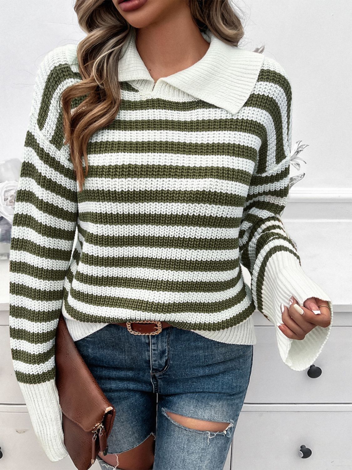 Striped Collared Neck Long Sleeve Sweater-TOPS / DRESSES-[Adult]-[Female]-2022 Online Blue Zone Planet