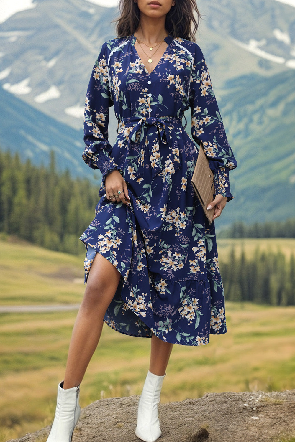 Printed Notched Lantern Sleeve Midi Dress-TOPS / DRESSES-[Adult]-[Female]-Dark Blue-S-2022 Online Blue Zone Planet