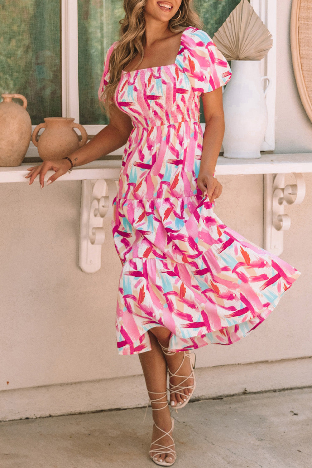 Pink Brush Stroke Printed Smocked Ruffle Tiered Dress Blue Zone Planet