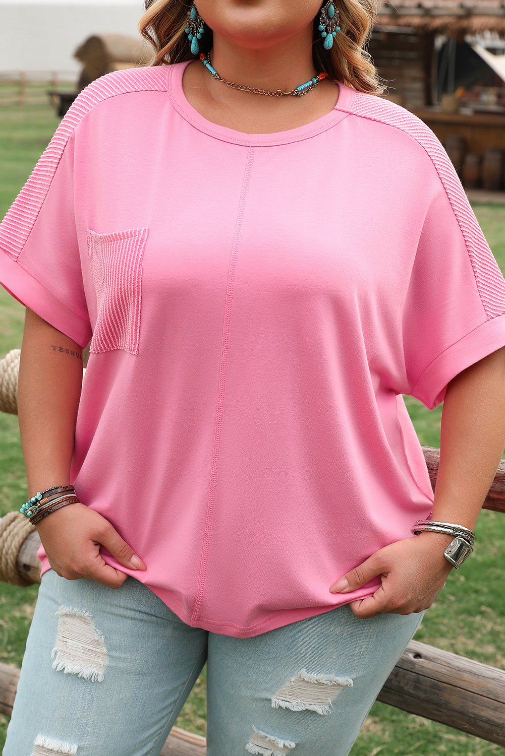 Bonbon Corded Patchwork Pocketed Plus Size T Shirt-Plus Size/Plus Size Tops/Plus Size Tops & Tees-[Adult]-[Female]-2022 Online Blue Zone Planet