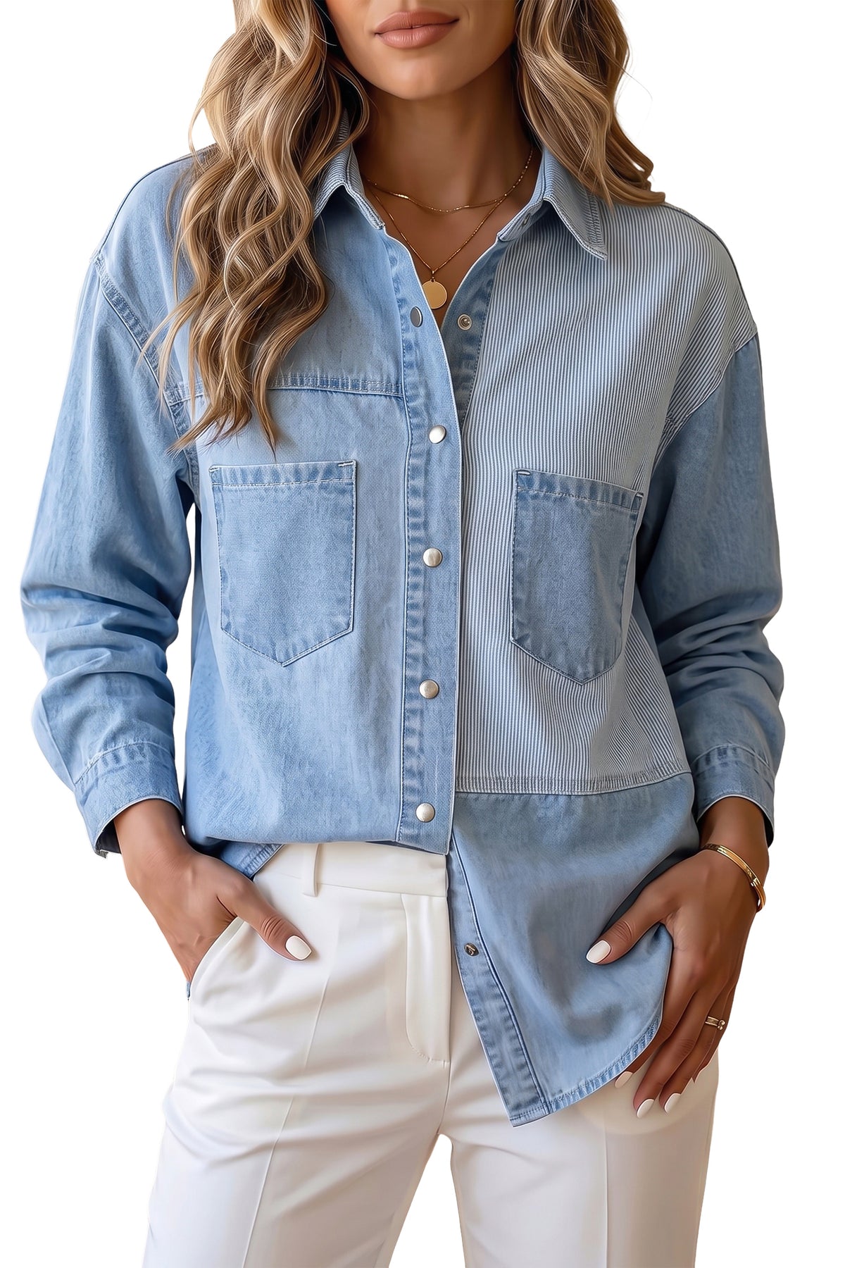 Beau Blue Lightweight Denim Striped Patchwork Button Down Shacket-Tops/Blouses & Shirts-[Adult]-[Female]-2022 Online Blue Zone Planet