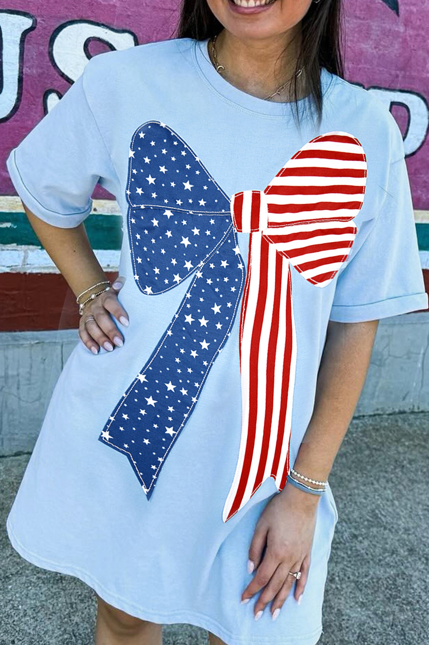 Beau Blue Patriotic Big Bow Stitched T Shift Mini Dress-TOPS / DRESSES-[Adult]-[Female]-2022 Online Blue Zone Planet