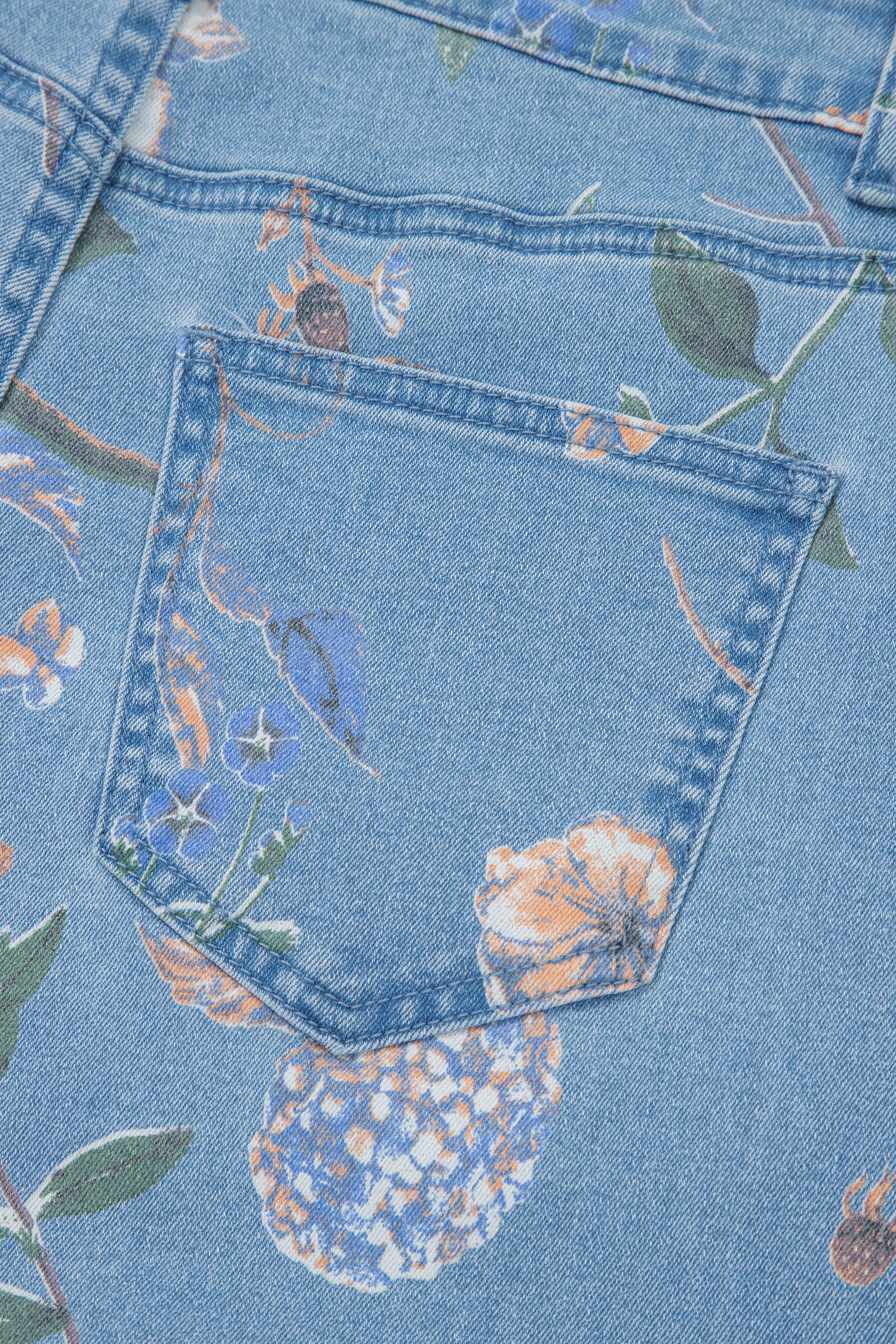 Sky Blue Retro Floral Print Frayed Hem Shift Jeans-Bottoms/Jeans-[Adult]-[Female]-2022 Online Blue Zone Planet