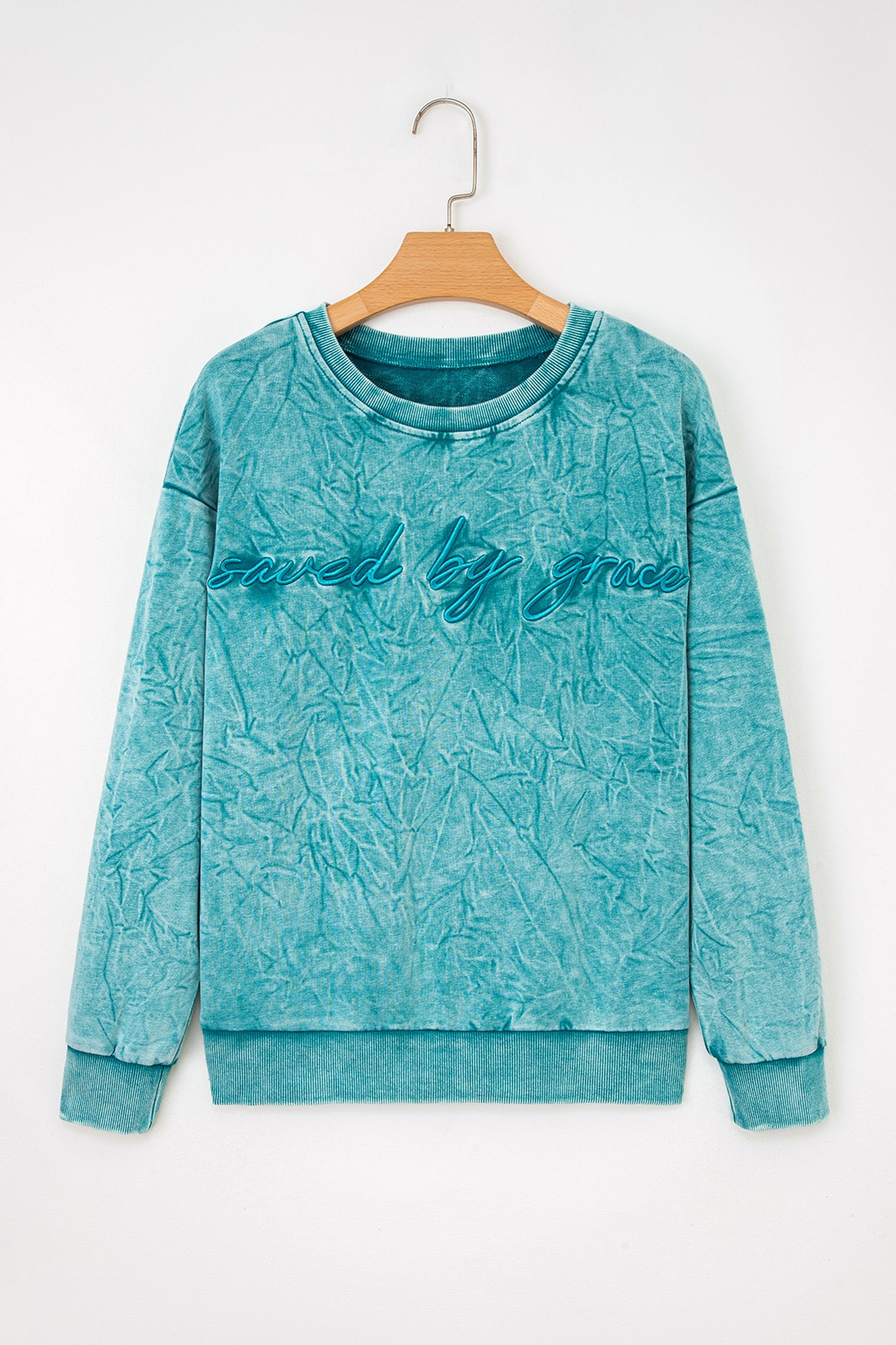 High-Rise Saved By Grace Letter Embroidery Mineral Wash Loose Sweatshirt-Tops/Sweatshirts & Hoodies-[Adult]-[Female]-2022 Online Blue Zone Planet