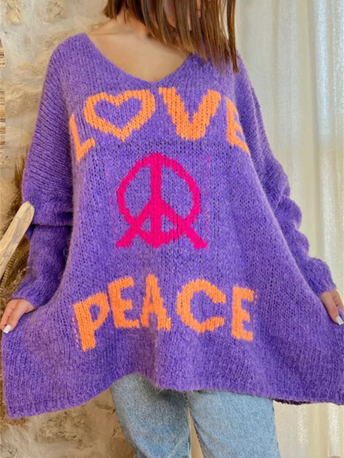 Peace Graphic V-Neck Long Sleeve Sweater-TOPS / DRESSES-[Adult]-[Female]-2022 Online Blue Zone Planet