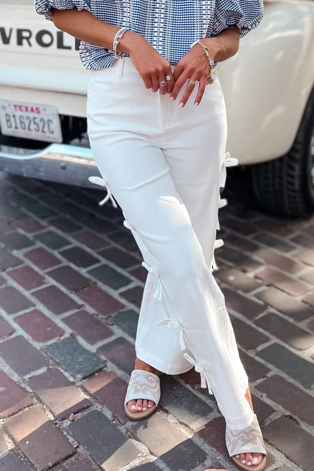 White Bow Knot Side Detail Straight Leg Loose Jeans-Bottoms/Jeans-[Adult]-[Female]-2022 Online Blue Zone Planet