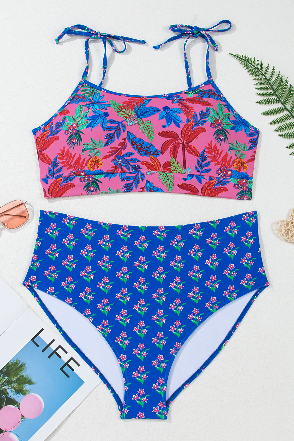 Blue Fashion Print Tied Straps Crop Vest and High Waist Plus Size Bikini-Plus Size/Plus Size Swimwear-[Adult]-[Female]-2022 Online Blue Zone Planet