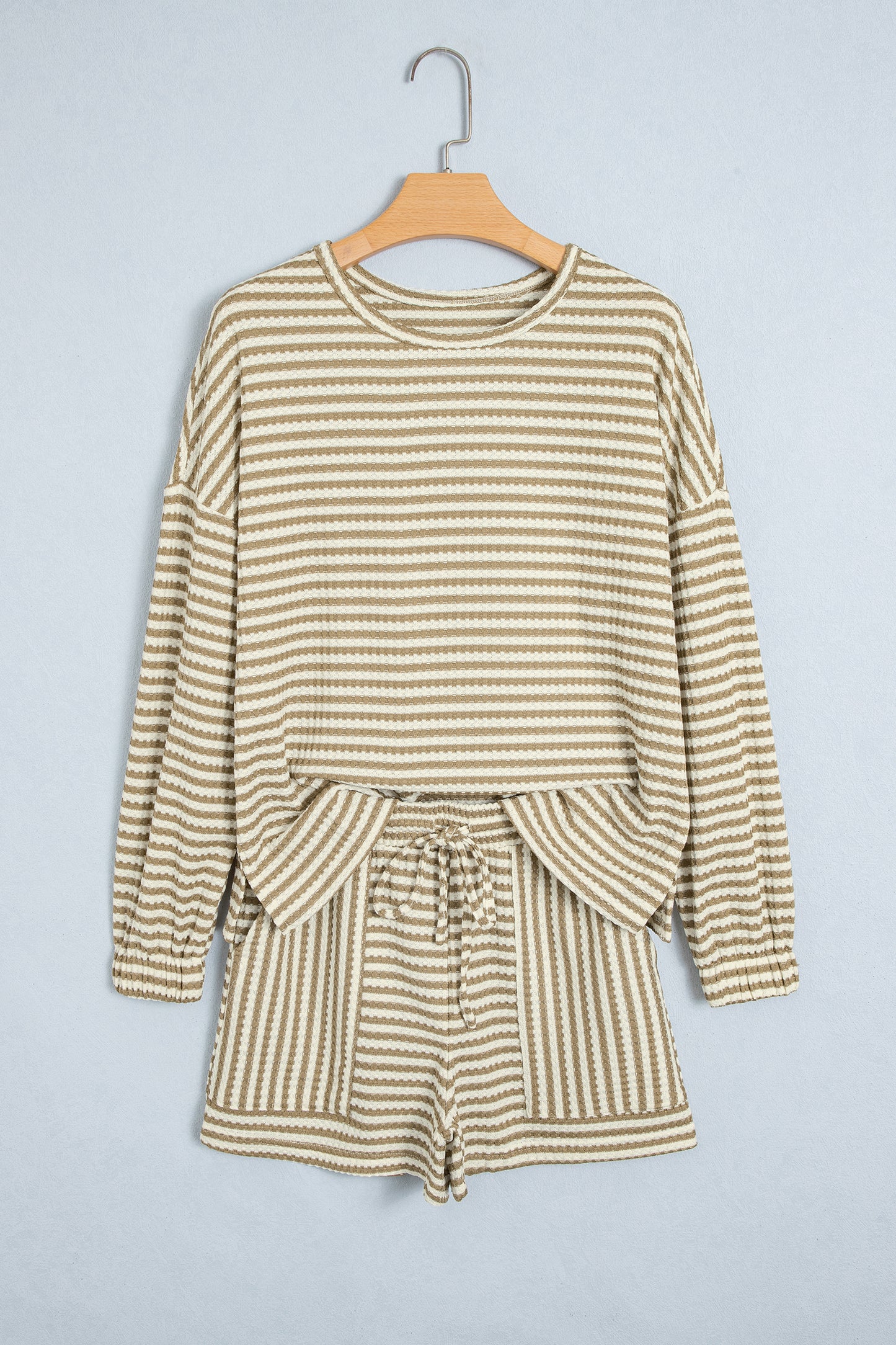 Brown Stripe Textured Knit Long Sleeve Top Elastic Waist Shorts Casual Outfit-Two Piece Sets/Short Sets-[Adult]-[Female]-2022 Online Blue Zone Planet
